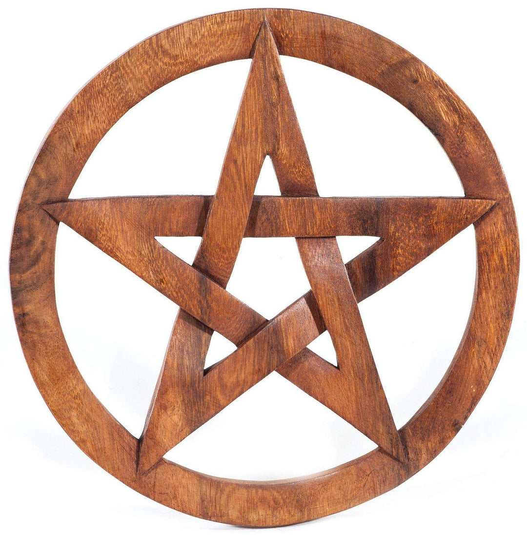 Windalf Grosses Schutz Holzskulptur SALUR Ø 30 cm Wunsch Pentagramm im Kreis Holzrelief Handarbeit