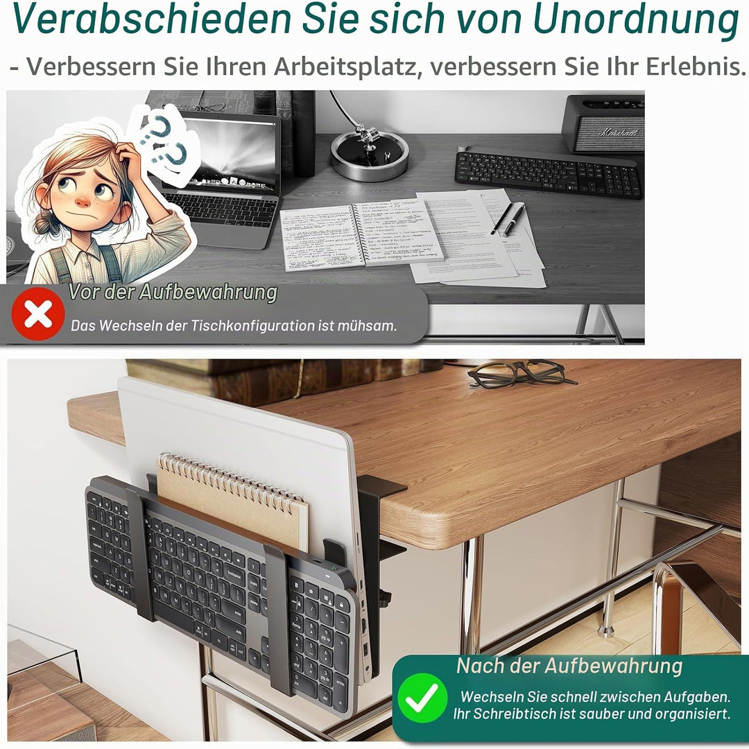 Dual‑Geräte Verstellbarer Laptopständer mit Klemme für Schreibtische - Kein Bohren - Edelstahl‑Ablag