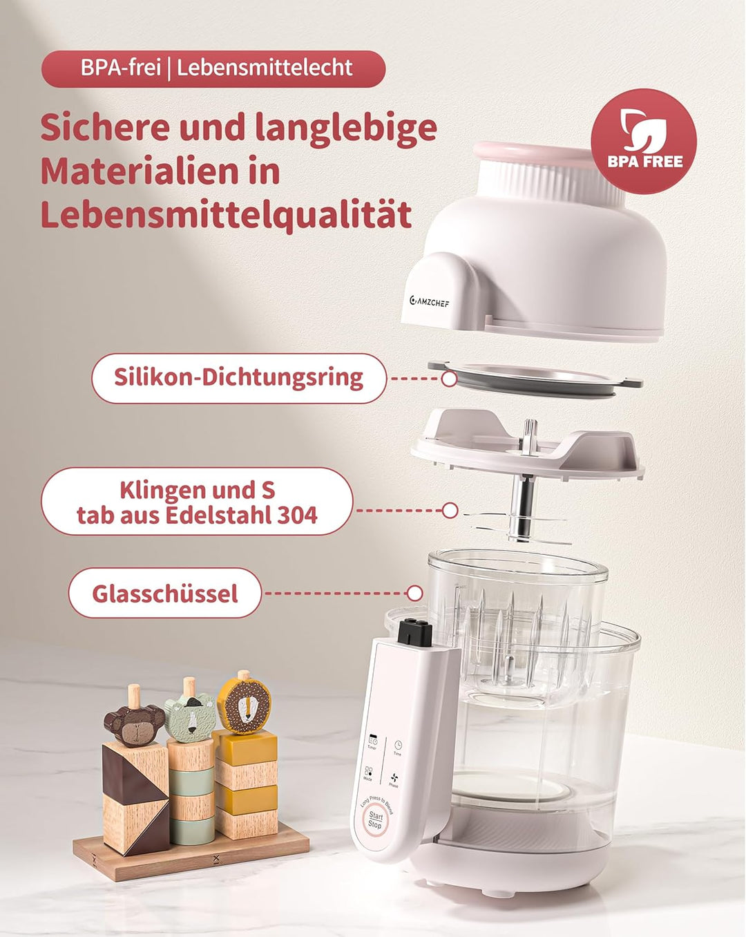 AMZCHEF Babynahrungszubereiter mit Dampfkorb – 6-in-1 Automatisches Kochen & Mixer mit Altersauswahl
