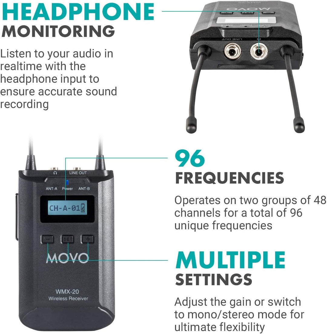 Movo WMX-20 48-Kanal-UHF-Drahtlos-Lavaliermikrofonsystem mit 1 Empfänger, 1 Sender und 1 Ansteckmikr