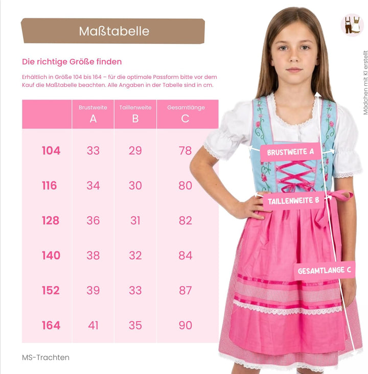 MS-Trachten Kinder Dirndl Kinderdirndl Trachtenkleid Elise rosa hellblau pastell 3 teilig 128 Dunkel