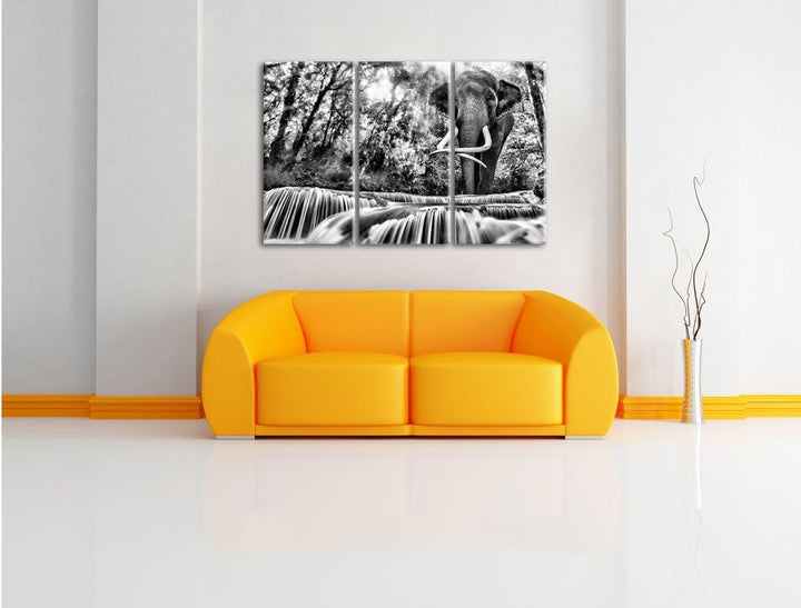 Pixxprint Elefant am Bach als Leinwandbild/Grösse: 3 Teilig (120x80) cm/Wandbild/Kunstdruck/fertig b