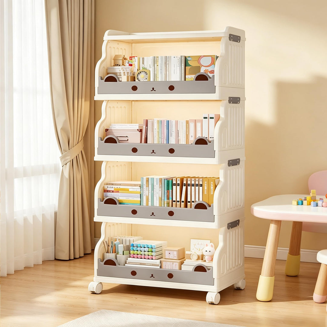 Mobiles Bücherregal Kinder mit Rollen 4 Ebenen Faltbar | Kinderregal Bücherwagen Spielzeug Regal Kin