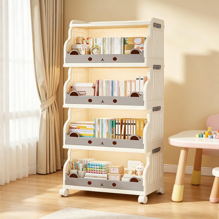 Mobiles Bücherregal Kinder mit Rollen 4 Ebenen Faltbar | Kinderregal Bücherwagen Spielzeug Regal Kin