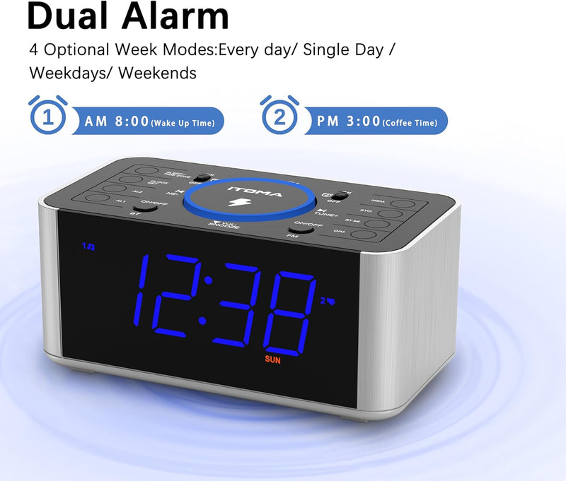 iTOMA Radiowecker Kabelloses Laden, Snooze, Digitales UKW-Radio mit Bluetooth Dual Alarm, Dimmer LED