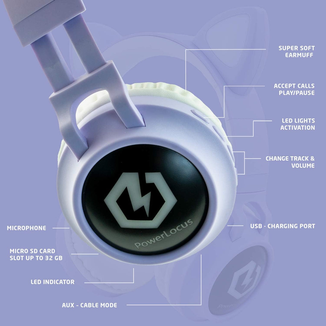 PowerLocus Bluetooth Kopfhörer Kinder, LED Katzenohren, 85dB Sichere Lautstärke, Bluetooth 5.3, Micr