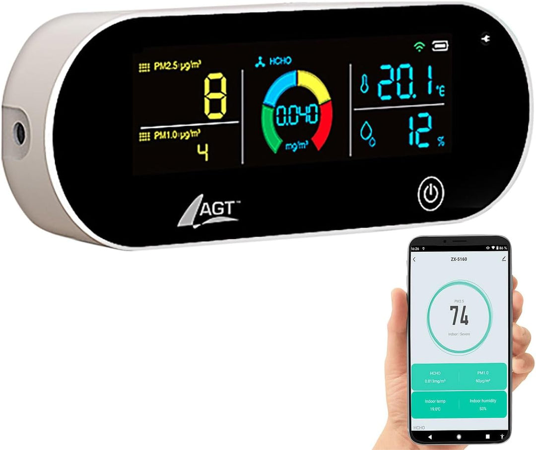 AGT Raumluftmessgerät: 5in1-Akku-Luftqualitätsmesser, HCHO, PM1/2,5, Temperatur u.v.m., App (Partike