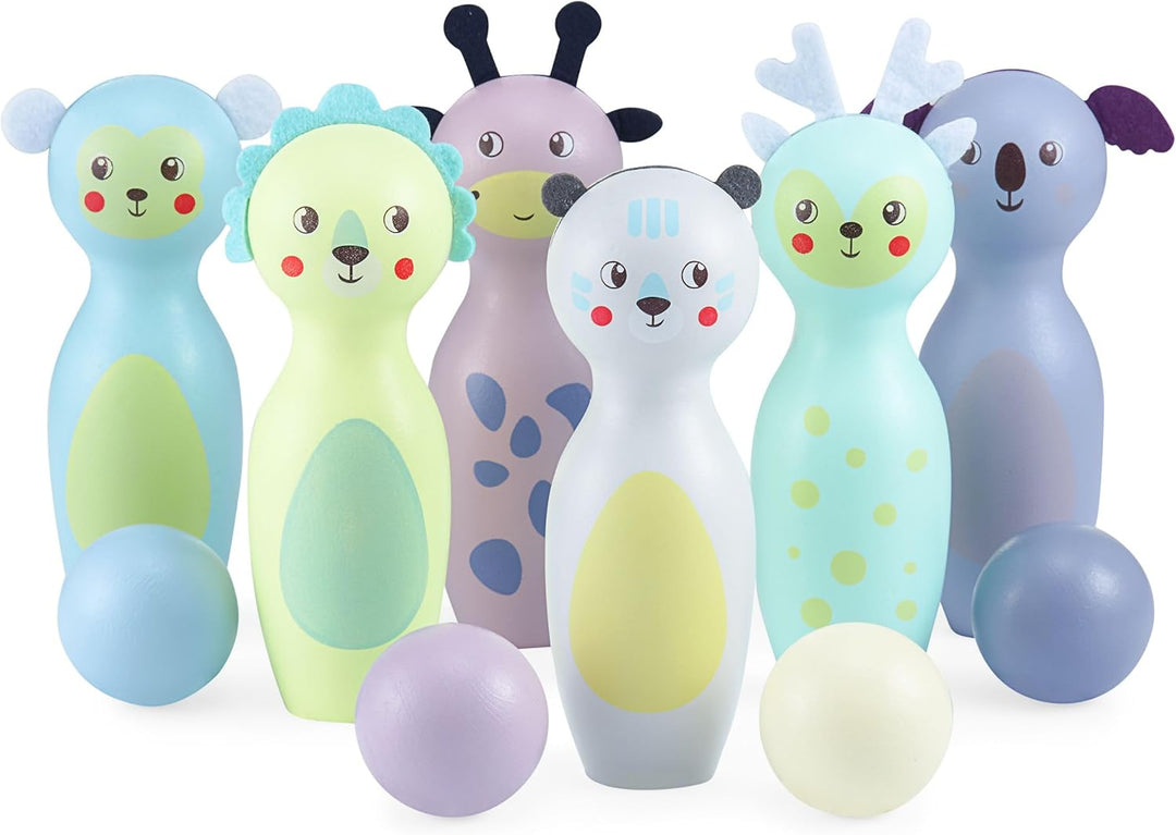 Mamabrum Holz-Bowling-Set für Kinder – Tierfiguren, Motorikspielzeug, 6 Kegel und 4 Kugeln, langlebi