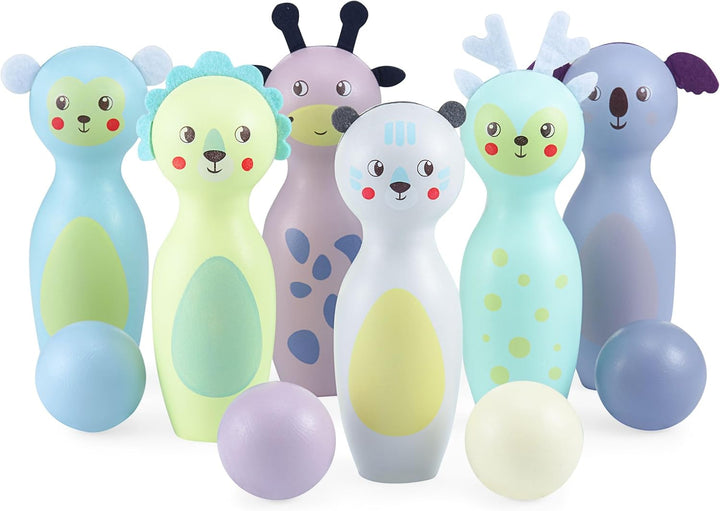 Mamabrum Holz-Bowling-Set für Kinder – Tierfiguren, Motorikspielzeug, 6 Kegel und 4 Kugeln, langlebi