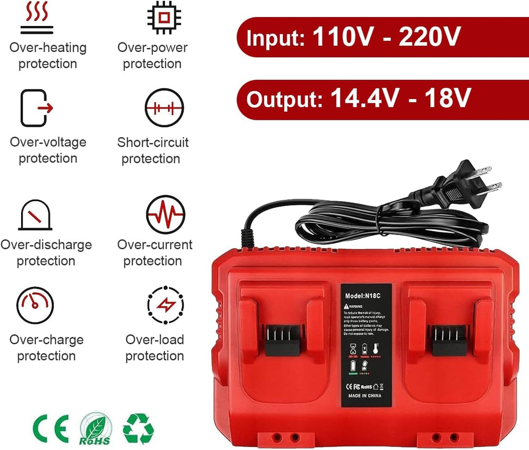 2 Ports Ladegerät Kompatibel mit Milwaukee M18 Akku, 18V Charger 48-59-1812 48-59-1802 48-59-1804, M