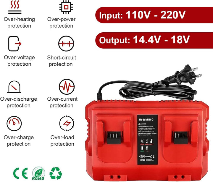 2 Ports Ladegerät Kompatibel mit Milwaukee M18 Akku, 18V Charger 48-59-1812 48-59-1802 48-59-1804, M