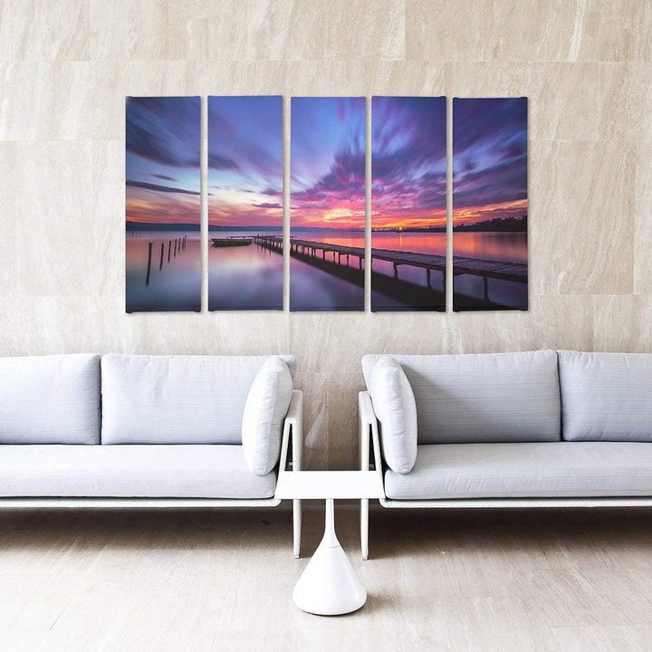 Feeby Frames, Leinwandbild Bilder Wand Bild - 5 Teile - Wandbilder Kunstdruck (Sonnenuntergang, ORAN