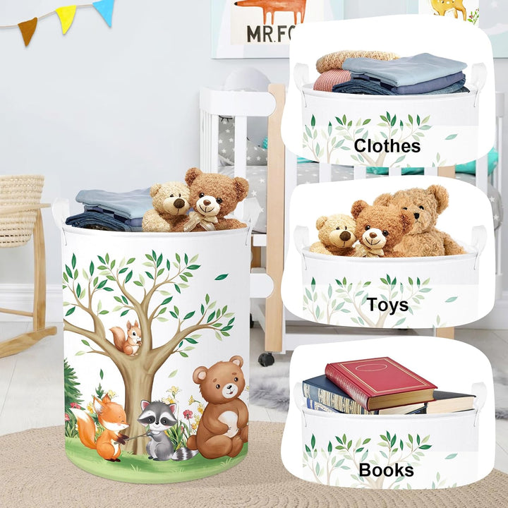 HUUMONSS Süsses Waldtier Gross Wäschekorb Baum Laub Stoff Aufbewahrungskorb Kleidung Spielzeug Aufbe