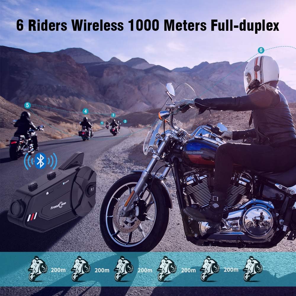 Motorrad-Bluetooth-Headset mit Kamera, R1plus Helmsprechanlage, 6-Wege, 1000 m, wasserdicht, drahtlo