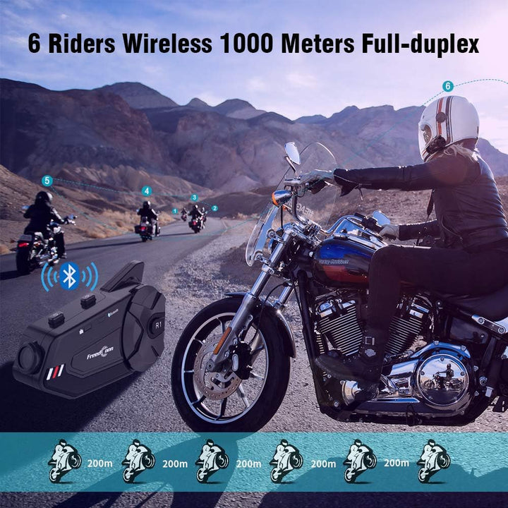 Motorrad-Bluetooth-Headset mit Kamera, R1plus Helmsprechanlage, 6-Wege, 1000 m, wasserdicht, drahtlo