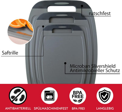 NEOFLAM® – Antibakterielles Schneidebrett Kunststoff rutschfest - 3er Set Schneidbretter Microban® S