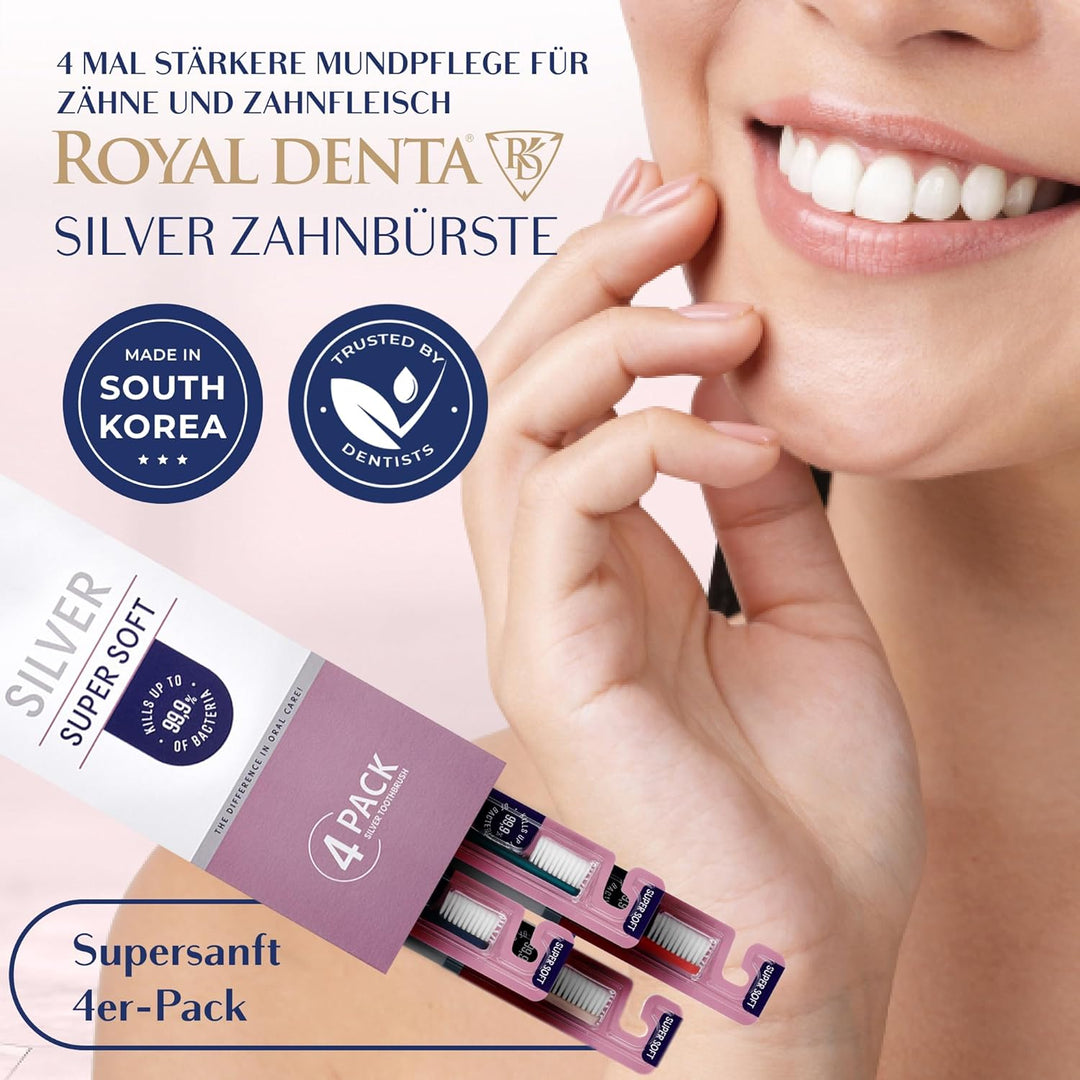 Royal Denta Silver Super Soft Zahnbürsten 4-Pack - Extra weiche Borsten für empfindliche Zähne &amp; Zah