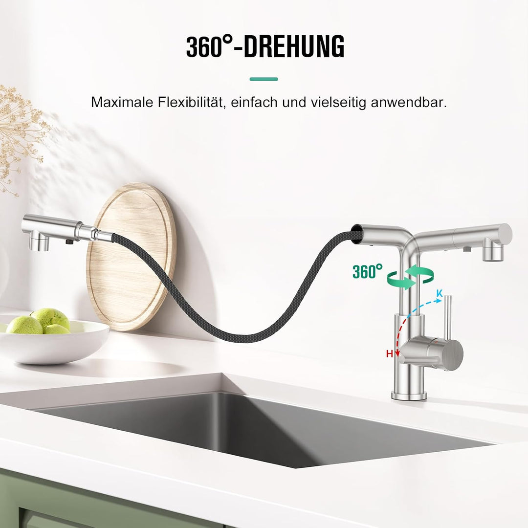 CREA Wasserhahn Küche mit 3 Funktionen Brause,360° Drehbar Hochdruck Einhebelmischer Mischbatterie S