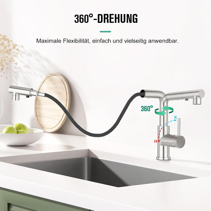 CREA Wasserhahn Küche mit 3 Funktionen Brause,360° Drehbar Hochdruck Einhebelmischer Mischbatterie S