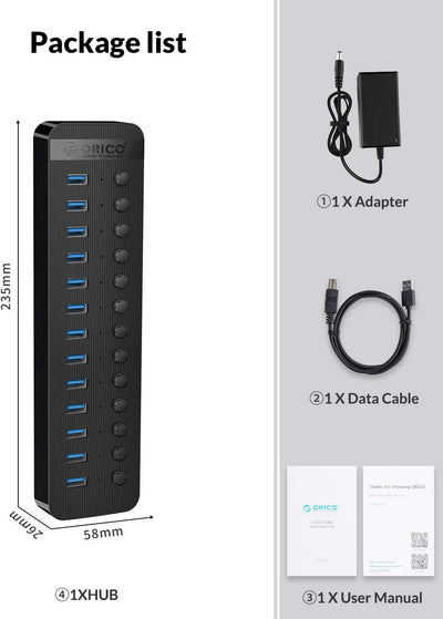 ORICO USB Hub 3.0 Aktiv 13 Ports 60W Mit Netzteil Einzelne EIN/Aus-Schalter und 12V / 5A Energien-Ad