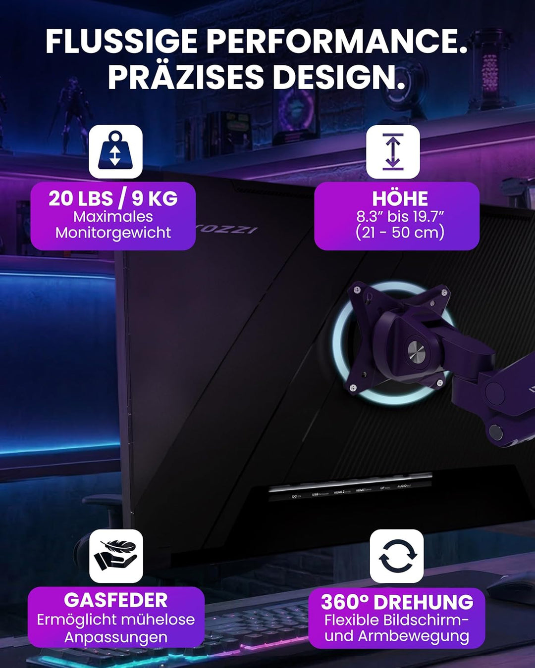 Arozzi Alzare Neo Single Gasdruckfeder-Monitorarm - Vollbewegung, Höhenverstellbar 21–50 cm, VESA 75