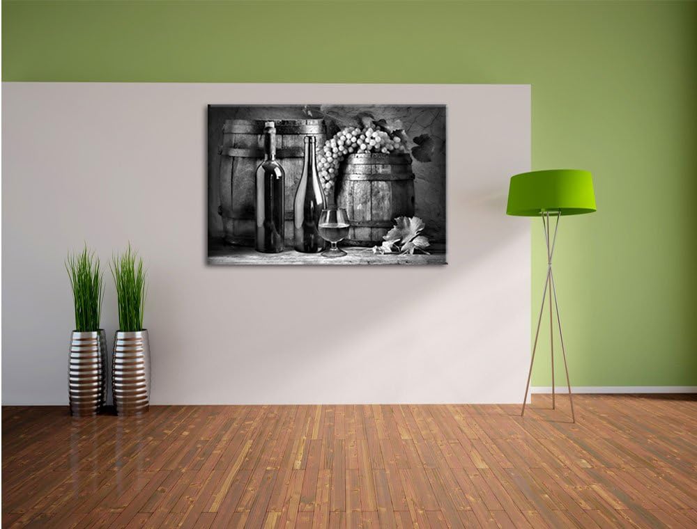 Pixxprint Monocrome, Fässer mit Weintrauben und Wein, Format: 100x70 auf Leinwand, 100x70