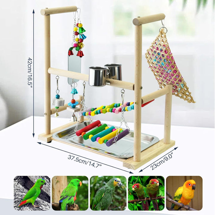 Papageien Spielplatz mit Spiegel Naturholz Vogel Ständer Papageien Spielständer mit Edelstahl Futter