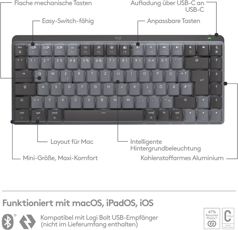 Logitech MX Mechanical Mini kabellose TKL-Tastatur mit Beleuchtung, Tactile Quiet, und MX Master 3S