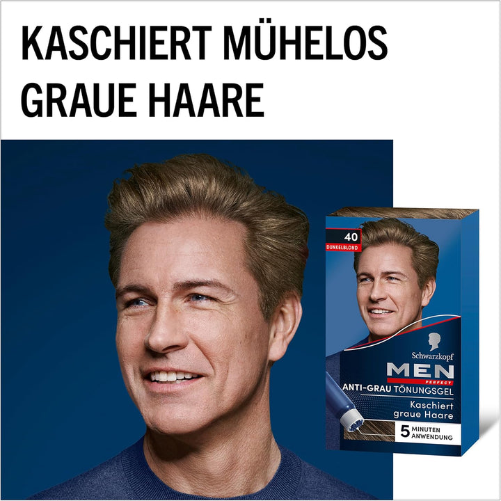 Schwarzkopf Men Perfect Anti-Grau Tönungs-Gel 40 Dunkelblond (80 ml), Haarfarbe für Männer blendet g