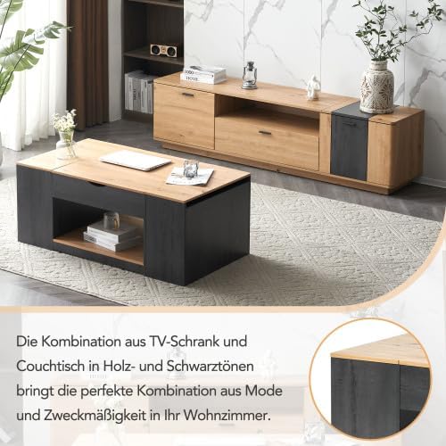 Merax Höhenverstellbarer Couchtisch mit Holzmaserung, Grauer Korpus & Geheime Stauräume, 109cm Kaffe