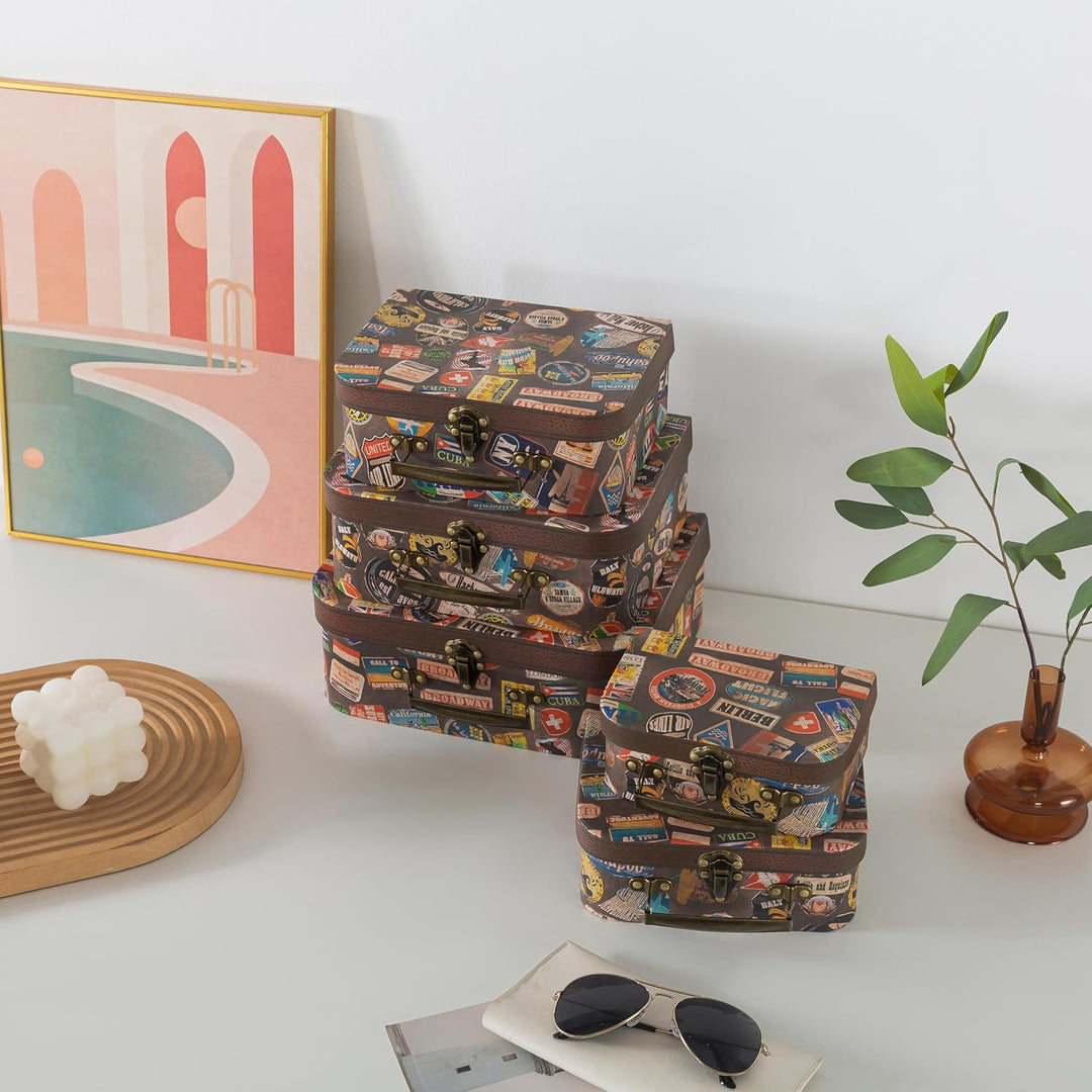 Pappkoffer mit Scharnierdeckeln und Griffen – Set von 5 – dekorative Gepäckbox, Vintage-Foto-Requisi