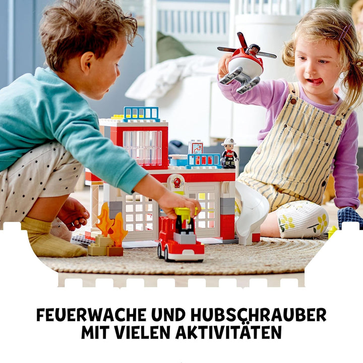 LEGO 10970 DUPLO Feuerwehrwache mit Hubschrauber, Feuerwehr-Spielzeug aus Bausteinen für Kleinkinder