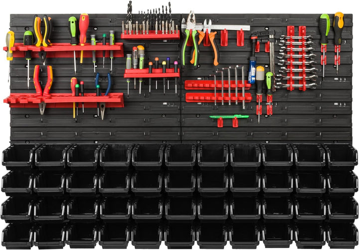 Lagersystem Werkstattregal | 115 x 78 cm | 44 stck. Box | Wandregal mit Werkzeughalterungen und Stap