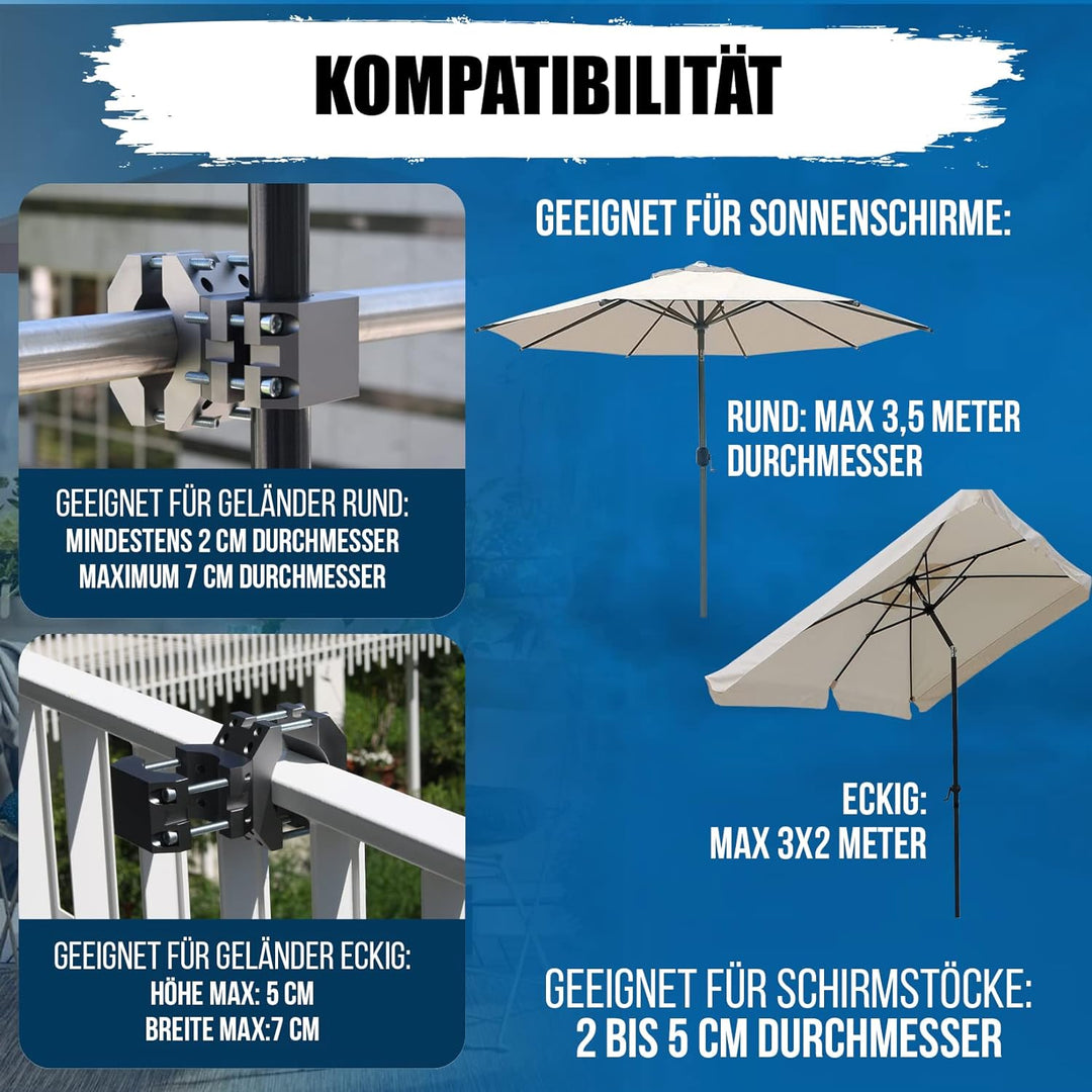 KD-TECH Stabiler Sonnenschirmhalter - Sonnenschirmständer für Balkon und runde, eckige Geländer - si
