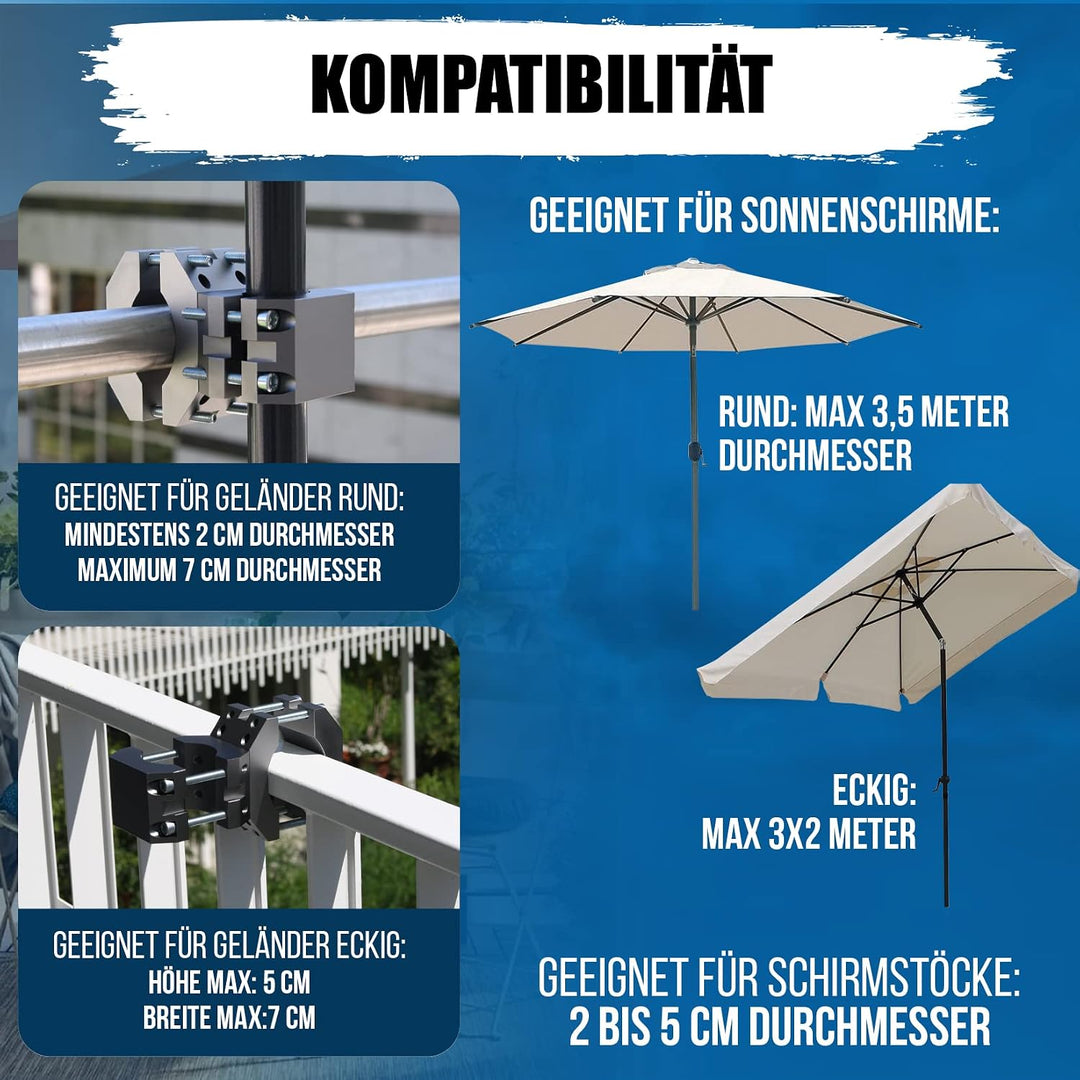 Stabiler Sonnenschirmhalter - Sonnenschirmständer für Balkon und runde, eckige Geländer - sichere So