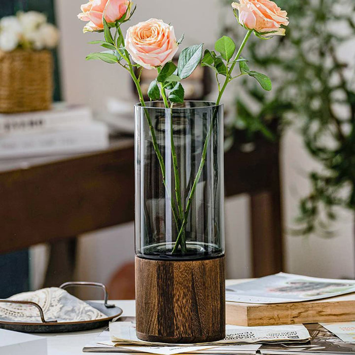 Glas Blumenvase Modern Zylinder Vase Handgefertigte kristallklare Glasvase mit Holzsockel Blumenblum
