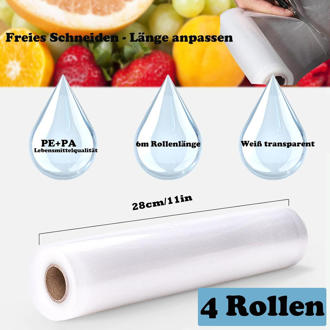 Vakuumrollen 4 Rollen 28x600cm, Wiederverwendbar BPA-frei Vakumierfolienrollen für Vakuumierer & Leb