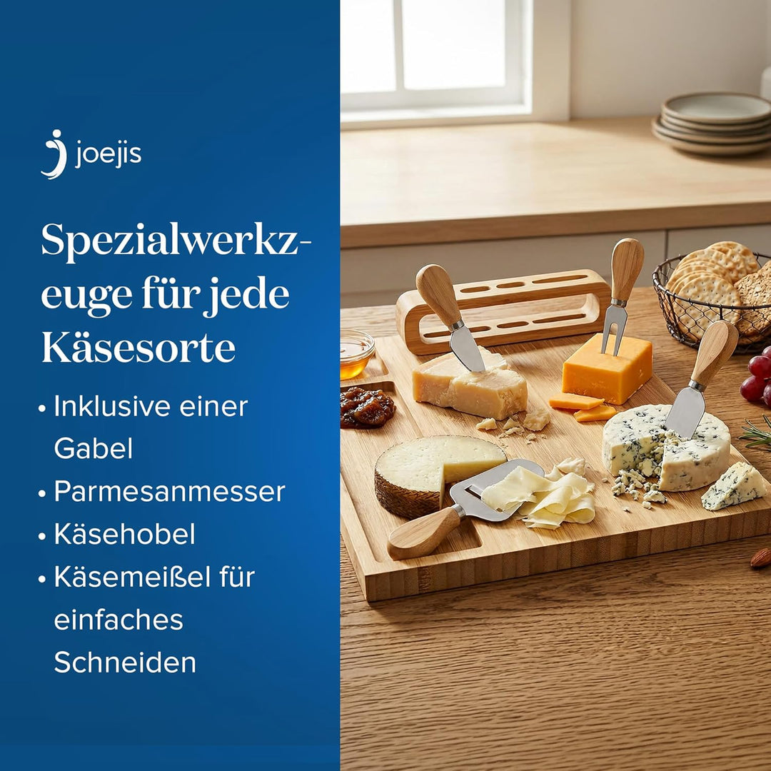 Joejis Käseplatte Bambus - Käsebrett mit Käsemesser Set - Cheese Board - Holz Servierplatte - Ideal