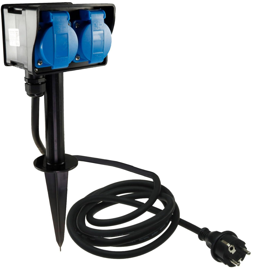 Chilitec Gartensteckdose 2-Fach Aussensteckdose mit Zeitschaltuhr 2m Kabel Erdspiess IP44 230V Strom