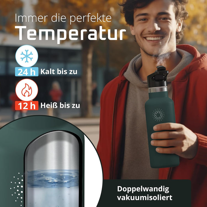 Trinkflasche Edelstahl mit Strohhalm, Infuser + 3 Deckel: BPA-frei, Auslaufsicher, Kohlensäure geeig
