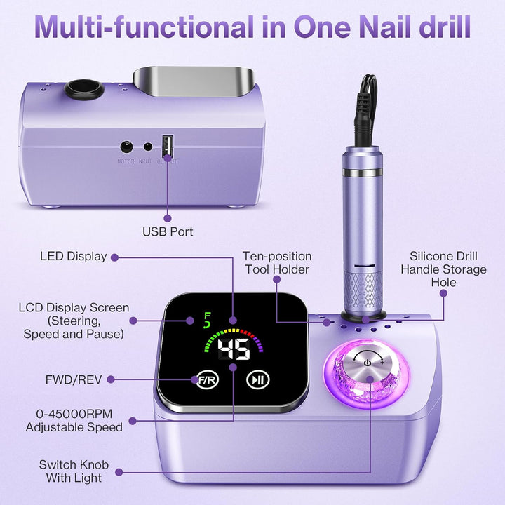 Elektrischer Nagelfeile Nagelfräser für Gelnägel, 45000 U/min Nagelfräser Professioneller mit LCD-An