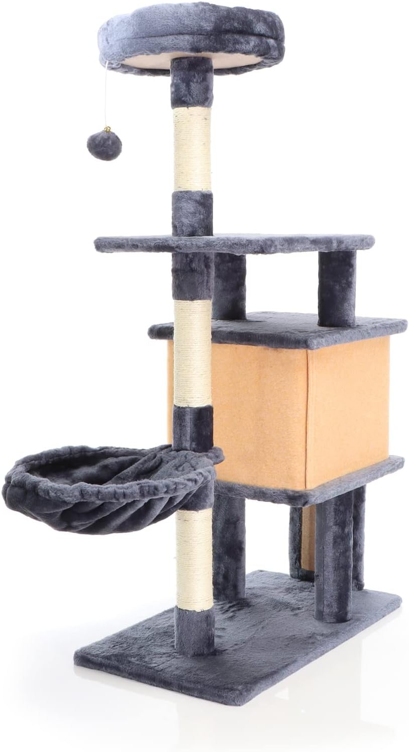 Fudajo Katzenkratzbaum in Dunkelgrau Kratzbaum 112cm hoch Kletterbaum mit Katzenhaus und Liegemulde