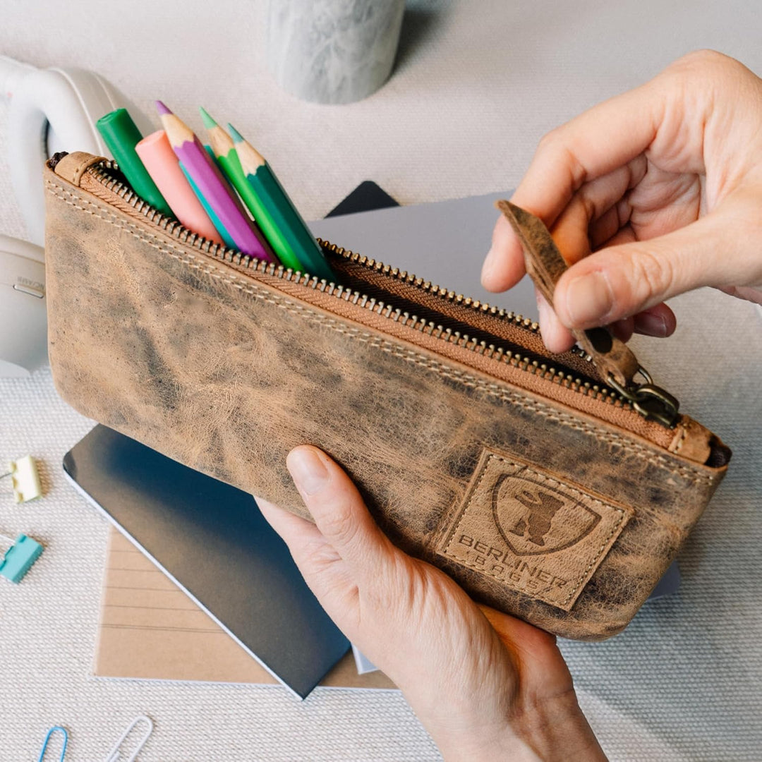 Berliner Bags Vintage Federmäppchen Etui aus Leder mit YKK-Reissverschluss, Robuste Federmappe für S