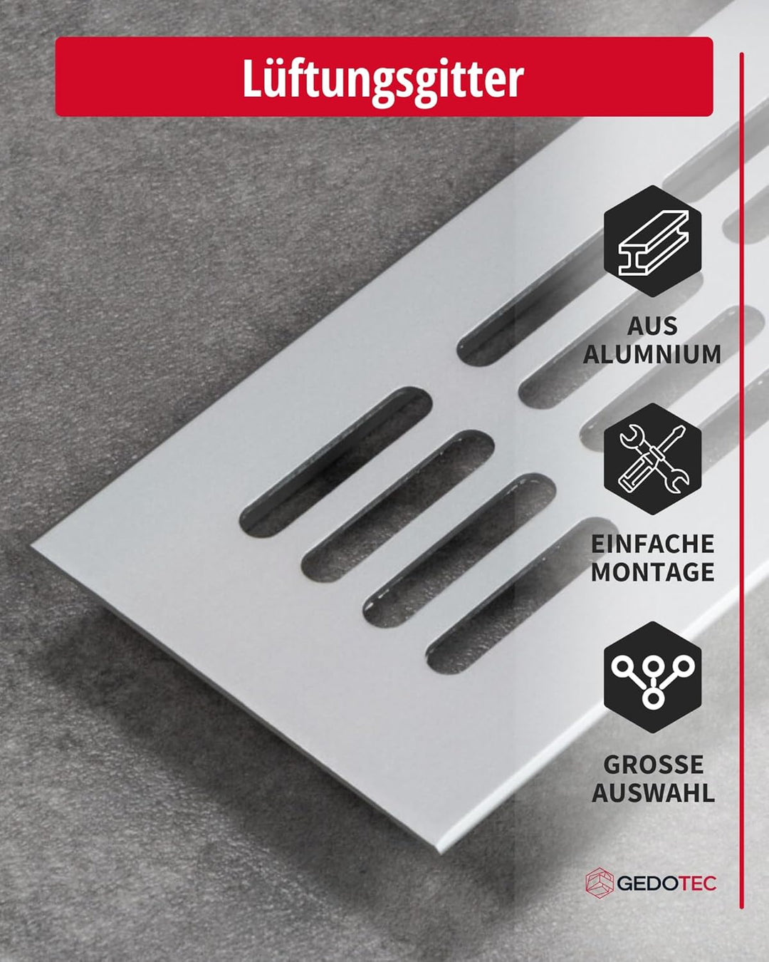 Gedotec Lüftungsgitter rechteckig aus Aluminium - 1 Stück Abluftgitter Silber Matt - Heizungsgitter