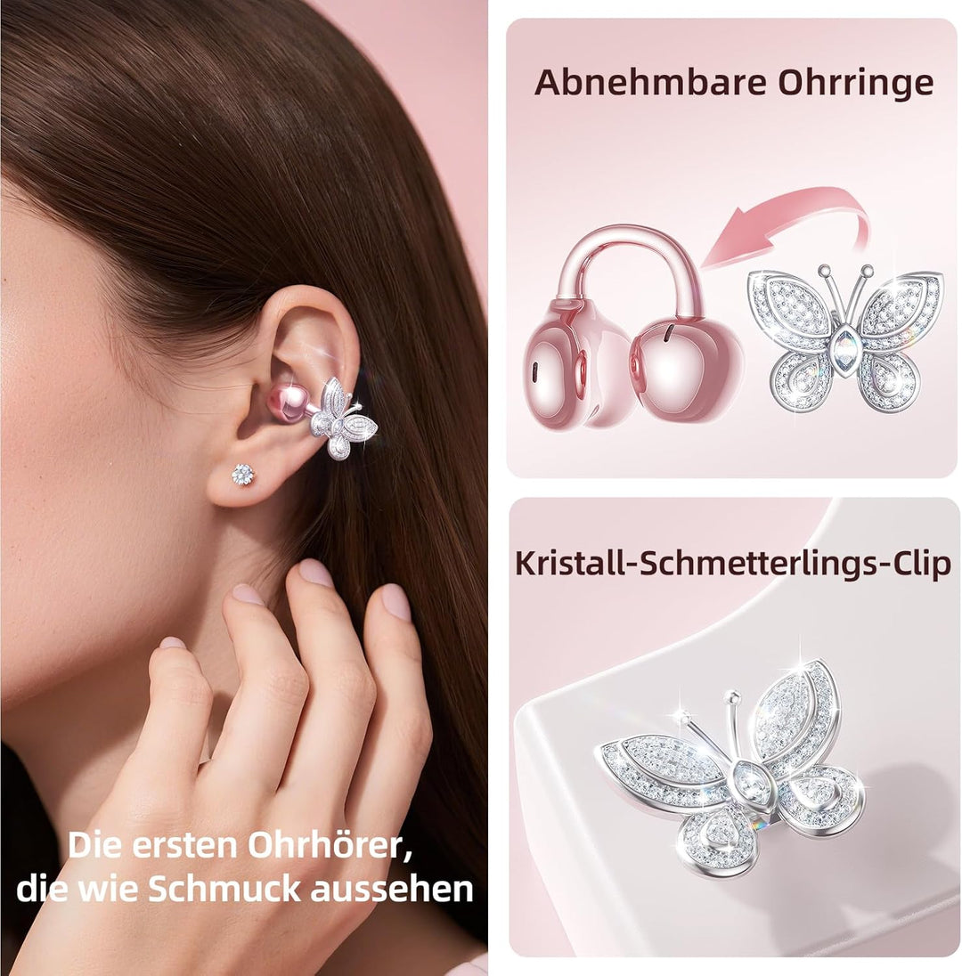 Kinglucky Schmuck-inspirierte Clip On Kopfhörer mit Schmetterlings-Ohrringen, bequemer Sitz & 50Stun