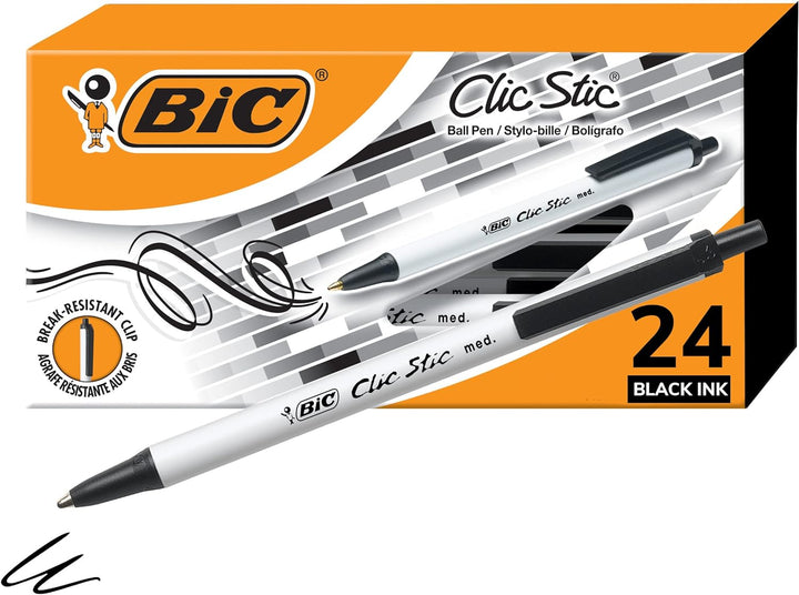 BIC Clic Stic Druckkugelschreiber, mittlere Spitze (1,0 mm), 24 Stück, rundes Schaft-Design für komf
