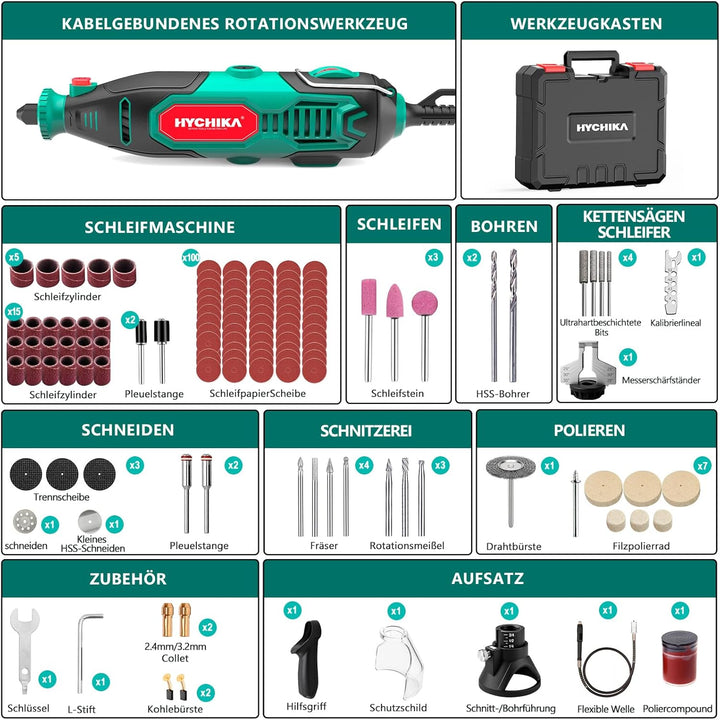 HYCHIKA 150W Rotationswerkzeug-Set mit Kettensägeschärfer, 7-Stufig Regelbar 10000–33000 U/min, 167