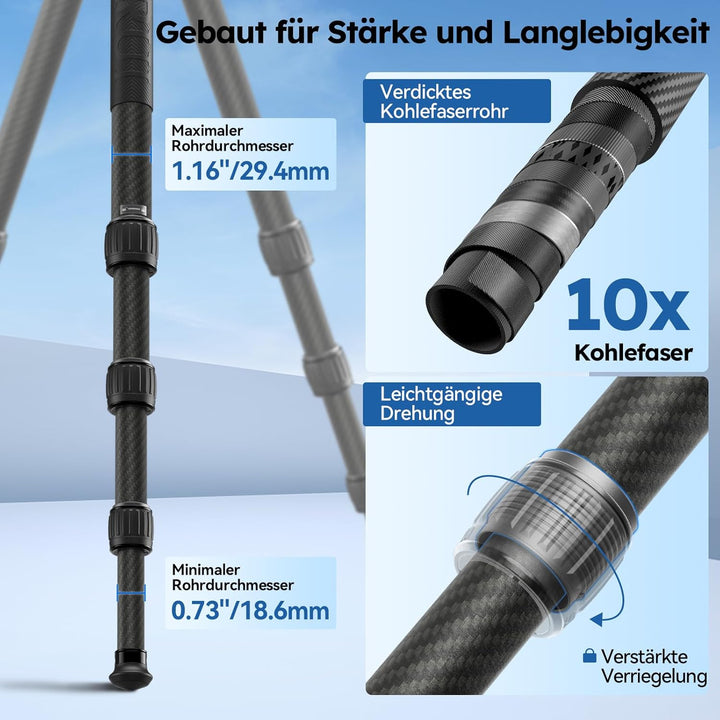 SIRUI Professionelles Carbon Fiber Stativ mit 43mm Flachkugelkopf, Max. 128cm Höhe, 20kg Traglast, U