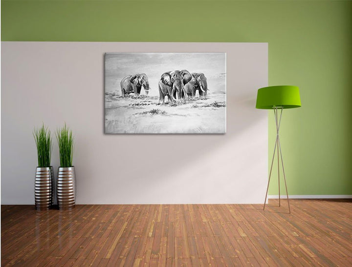 Pixxprint Afrikanische Elefanten in Südafrika Kunst B&W, Format: 100x70 auf Leinwand, XXL riesige Bi