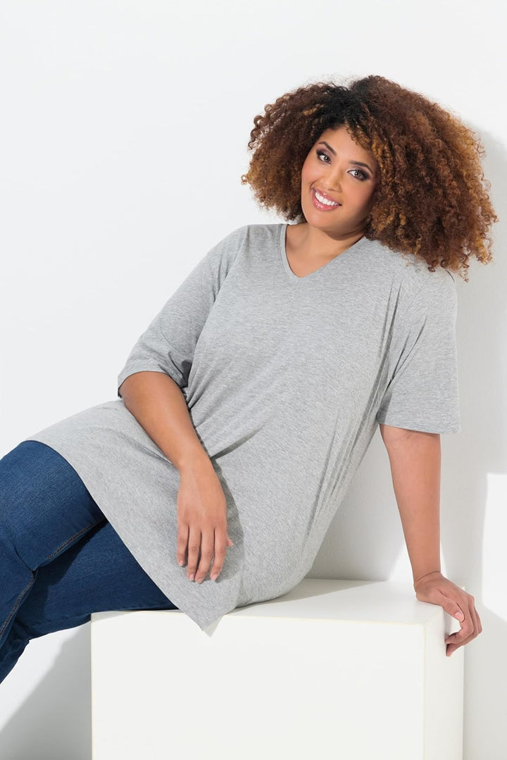 Ulla Popken Damen Basic-v-Shirt T 62-64 Hellgrau Mélange, 62-64 Hellgrau Mélange